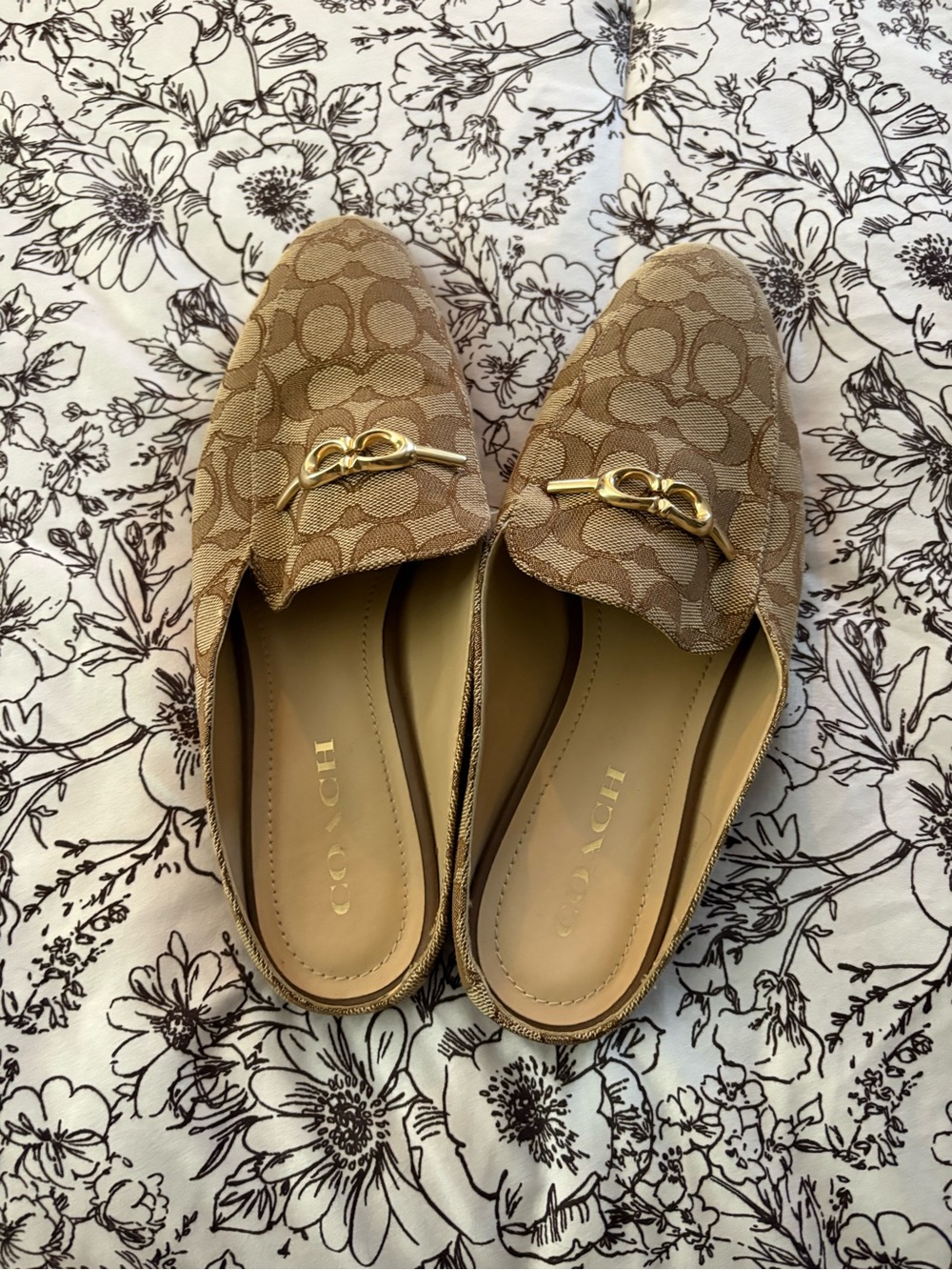 Coach Tan Signature Logo Slip-On Mules with Gold Bit
